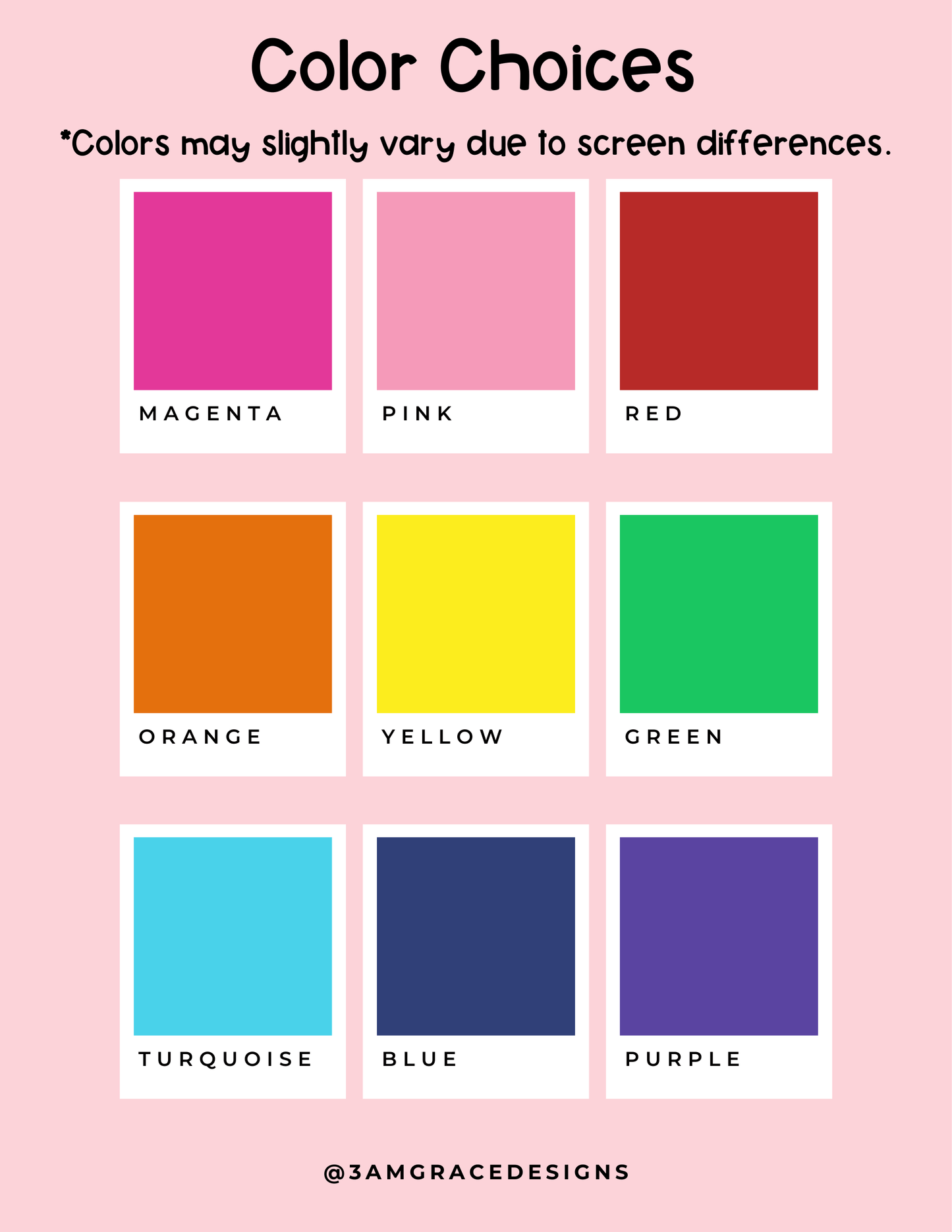 Color swatches labeled with color names on a pink background