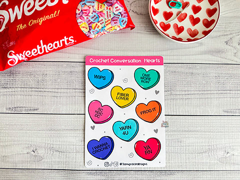 Crochet Conversation Heart Vinyl Sticker Sheet