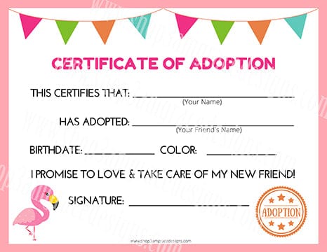 Flamingo Kawaii Cuddler® Adoption Certificate