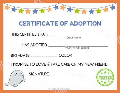 Seal Kawaii Cuddler® Adoption Certificate