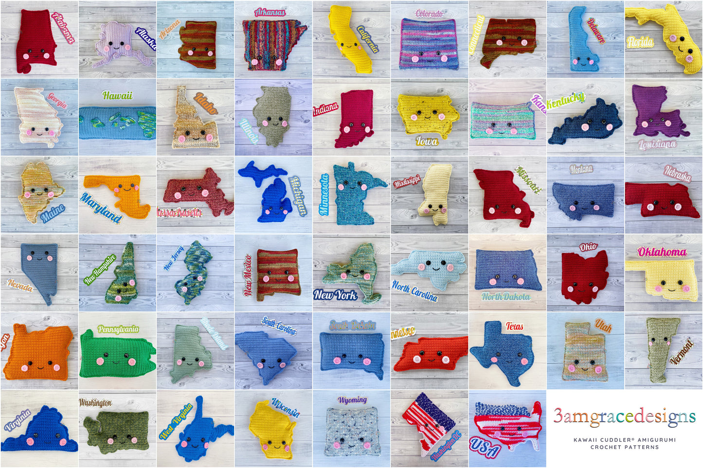 Kawaii amigurumi ragdoll style crochet patterns for collection of all 50 state-shaped pillows on a wooden surface.