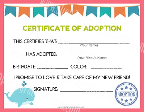 Whale Kawaii Cuddler® Adoption Certificate
