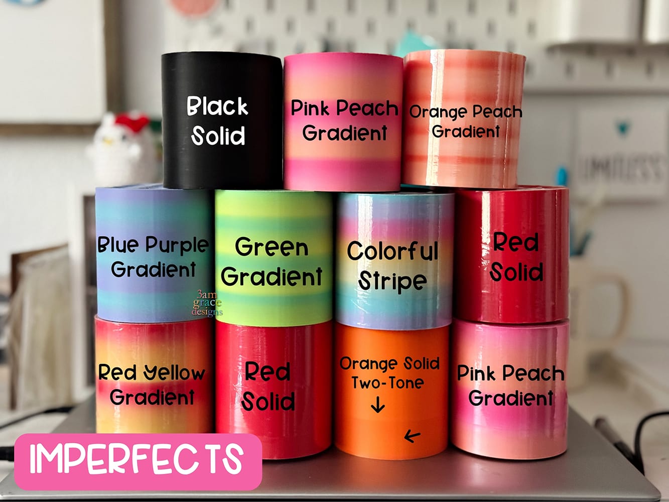 Stack of crochet hook stand with labels on a kitchen counter