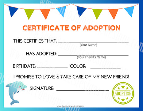 Dolphin Kawaii Cuddler® Adoption Certificate