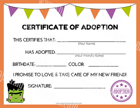 Frankenstein Kawaii Cuddler® Adoption Certificate