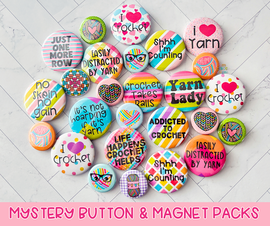 Mystery Crochet Button Pack - Set of 3 Surprise Crochet-Themed Buttons - Choose Size and Backing