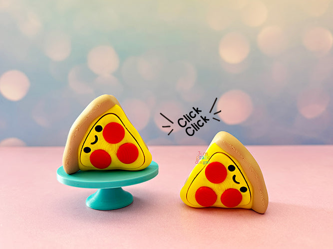 Two pizza-shaped fidget clickers on stands with a blurred bokeh background