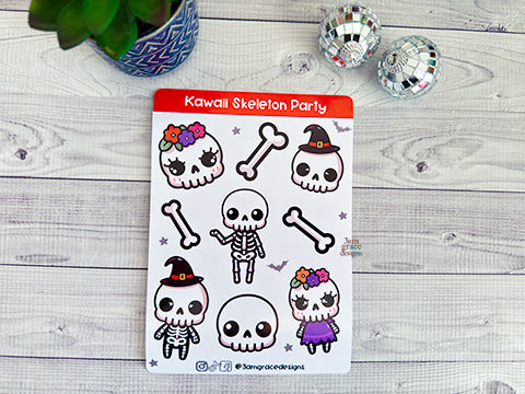 Kawaii Skeleton Party Vinyl Sticker Sheet