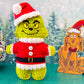 Kawaii amigurumi ragdoll style crochet pattern for a Grinch toy and wooden dog figure with Santa hats against a festive background.