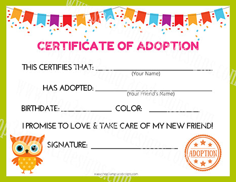 Owl Kawaii Cuddler® Adoption Certificate