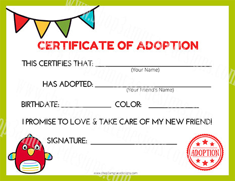 Parrot Squish Kawaii Cuddler® Adoption Certificate
