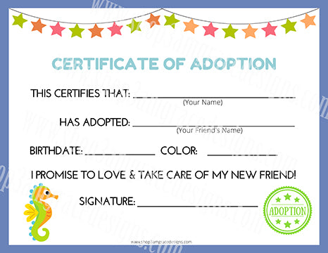 Seahorse Kawaii Cuddler® Adoption Certificate