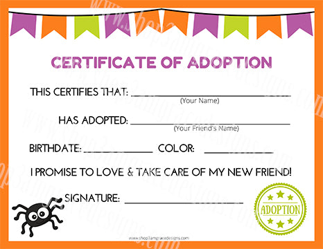 Spider Kawaii Cuddler® Adoption Certificate