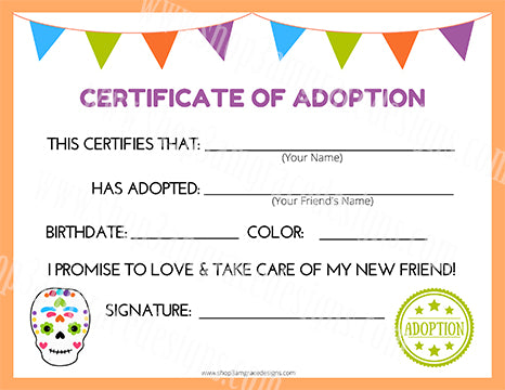 Sugar Skull Kawaii Cuddler® Adoption Certificate