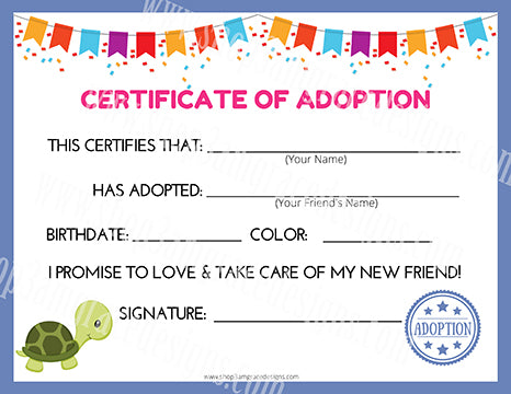 Turtle Kawaii Cuddler® Adoption Certificate