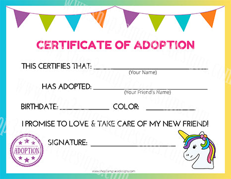 Unicorn Kawaii Cuddler® Adoption Certificate