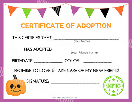 Pumpkin Kawaii Cuddler® Adoption Certificate