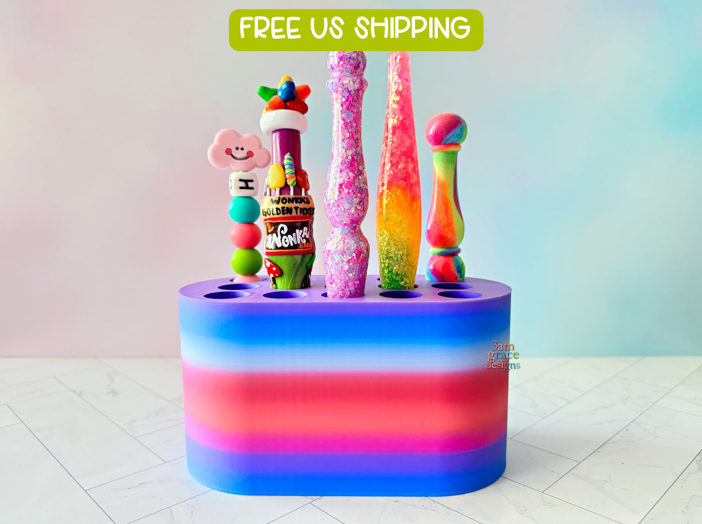 3d printed hook stand to hold crochet hooks. Bright colors pictured with colorful crochet hooks as props.