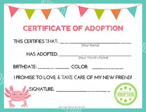 Axolotl Kawaii Cuddler® Adoption Certificate