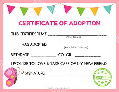 Butterfly Kawaii Cuddler® Adoption Certificate