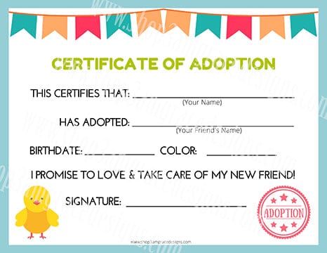 Chick Kawaii Cuddler® Adoption Certificate