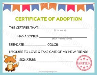 Fox Kawaii Cuddler® Adoption Certificate