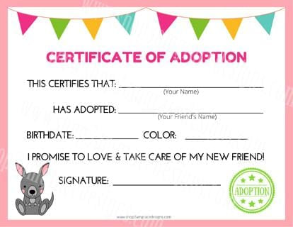 Kangaroo Kawaii Cuddler® Adoption Certificate