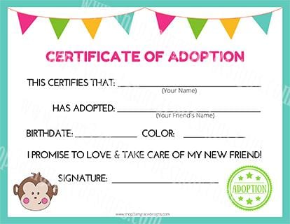Monkey Kawaii Cuddler® Adoption Certificate