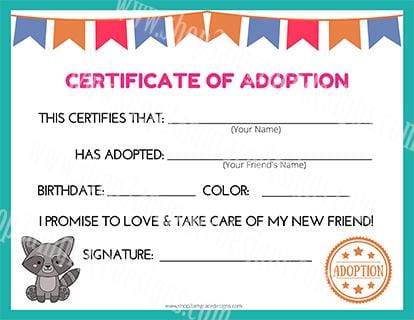 Raccoon Kawaii Cuddler® Adoption Certificate