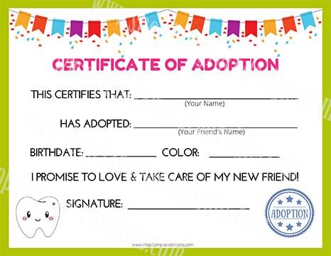 Tooth Kawaii Cuddler® Adoption Certificate